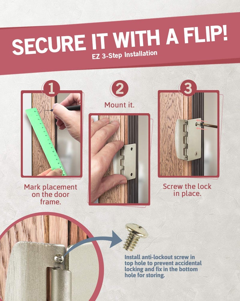 JD Jack N'Drill Jack Nâ€™ Drill Flip Action Door Lock (6 Pack)- Reversible Privacy Door Locks with Anti Lockout Screw for Child Proofing and Home Defense, Easy to Install and Durable Lock for Interior Swing-in Doors - Image 4